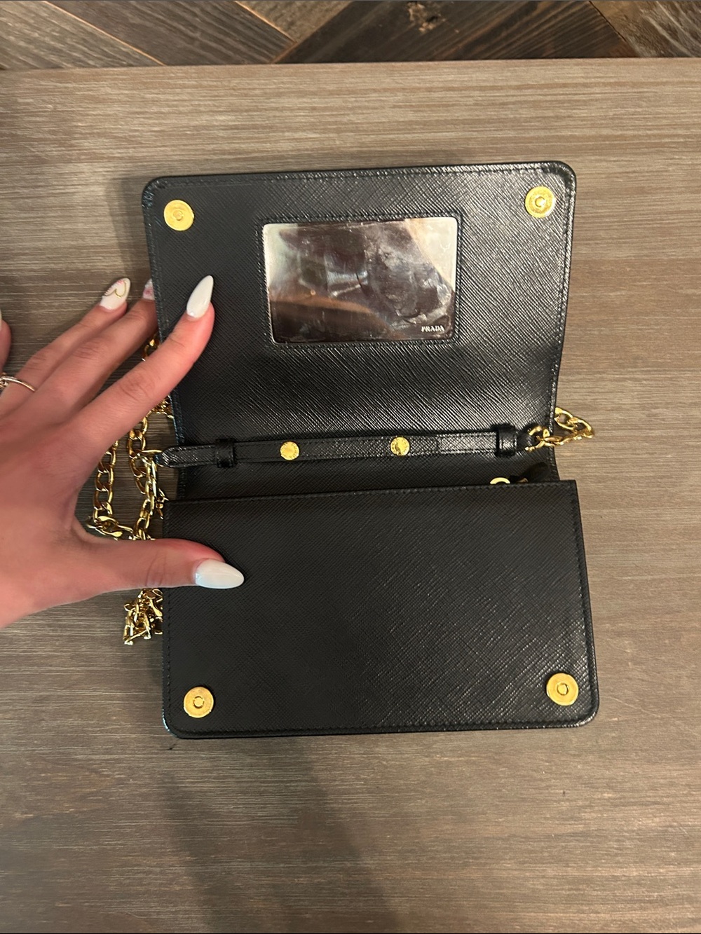 Prada Black Saffiano Printed Faces Leather Chain Clutch - Picture 7 of 8